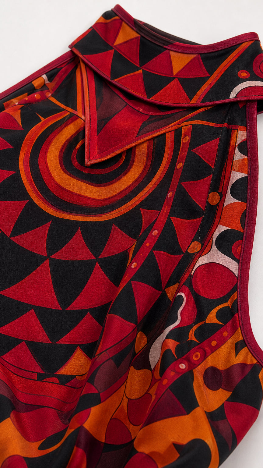 Close up of red geometric print fabric and halter neckline detail