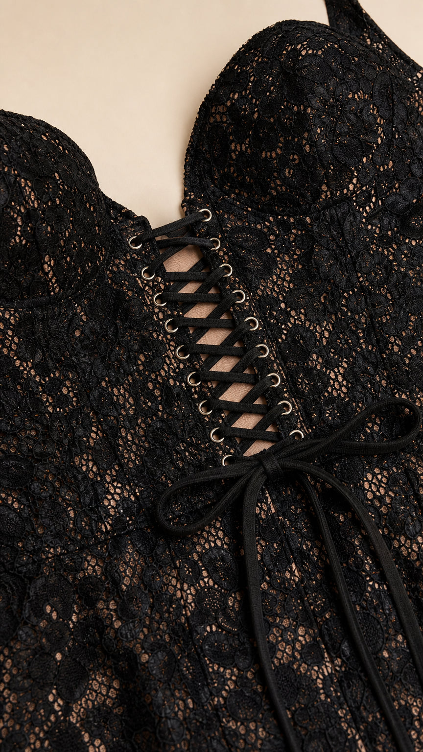 Close-up of the lace texture and back corset lacing