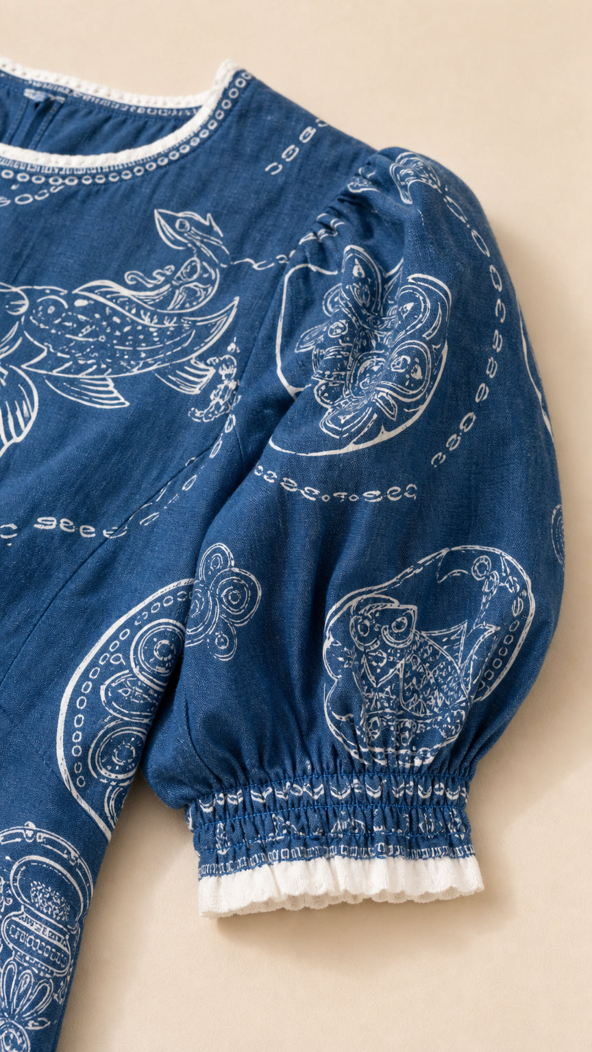 Close-up detail of blue dress sleeve and embroidered pattern