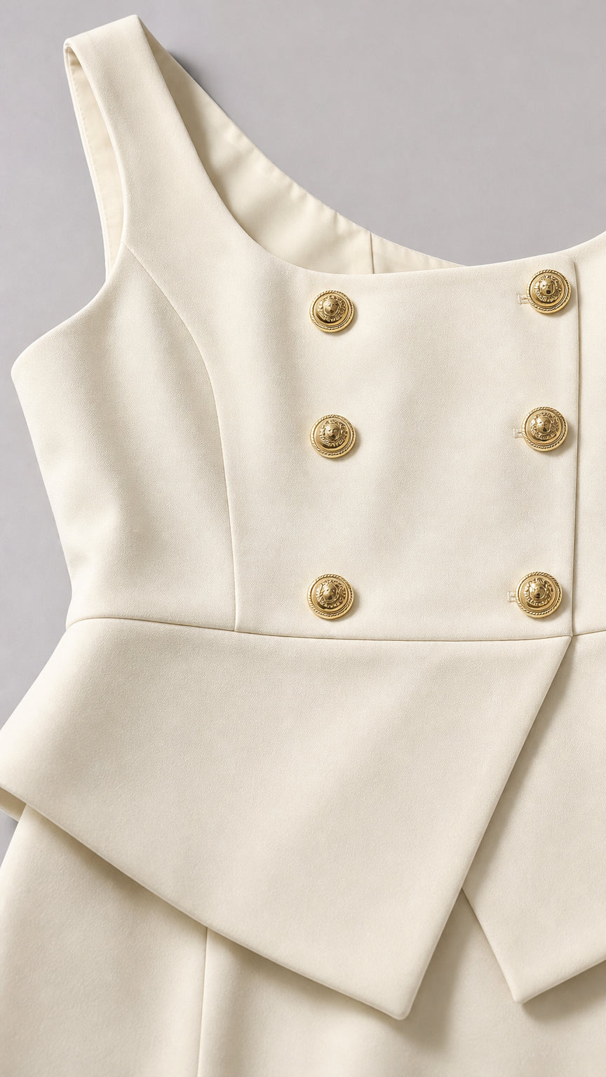 Close up of ivory vest detailing with gold buttons and peplum hem
