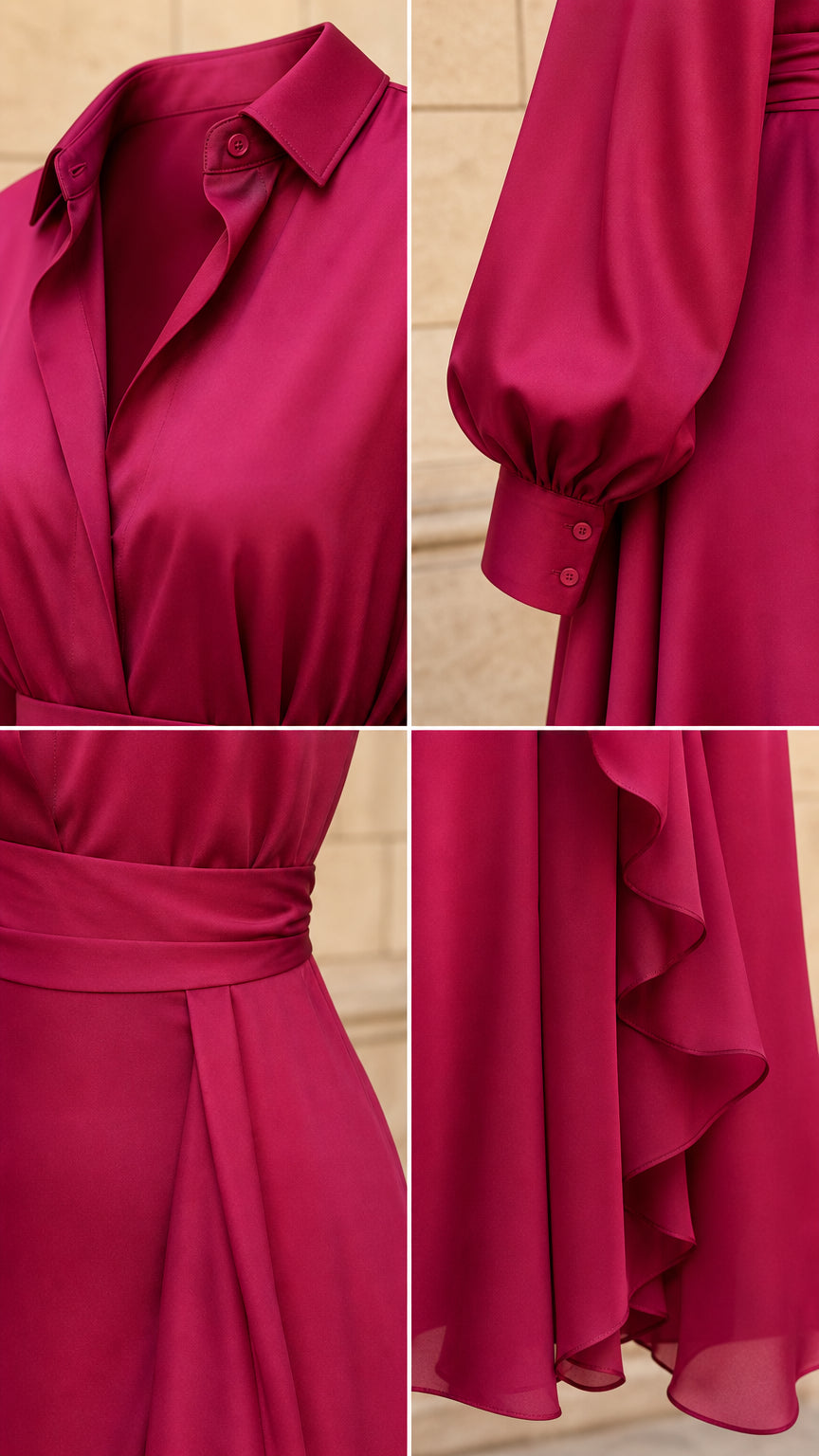 Close-up details of collar, sleeve cuff, waist, and ruffle hem