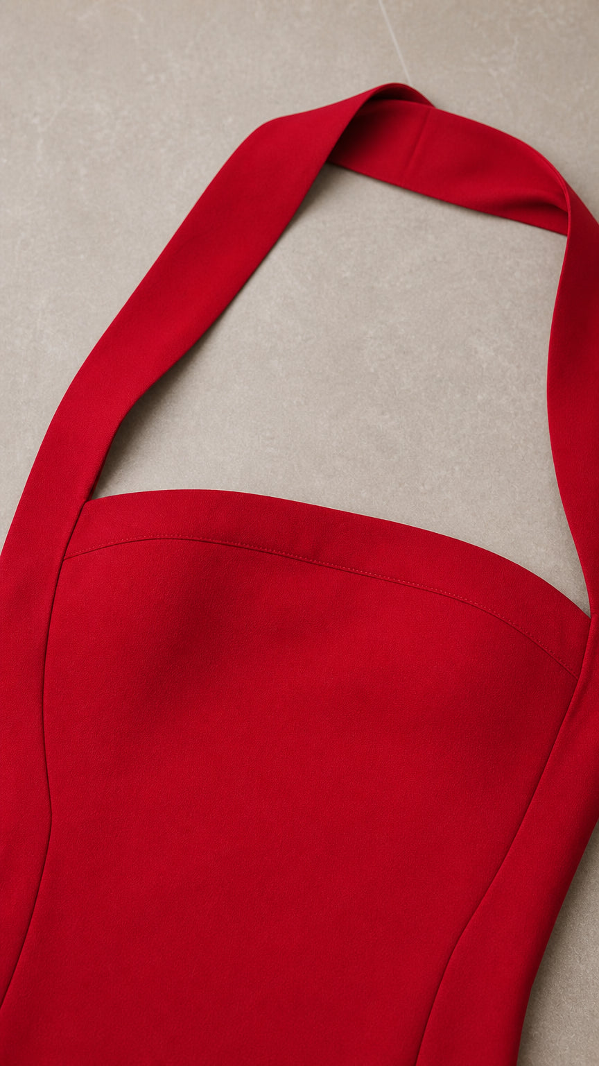 Close up of red halter neck strap and bodice detail