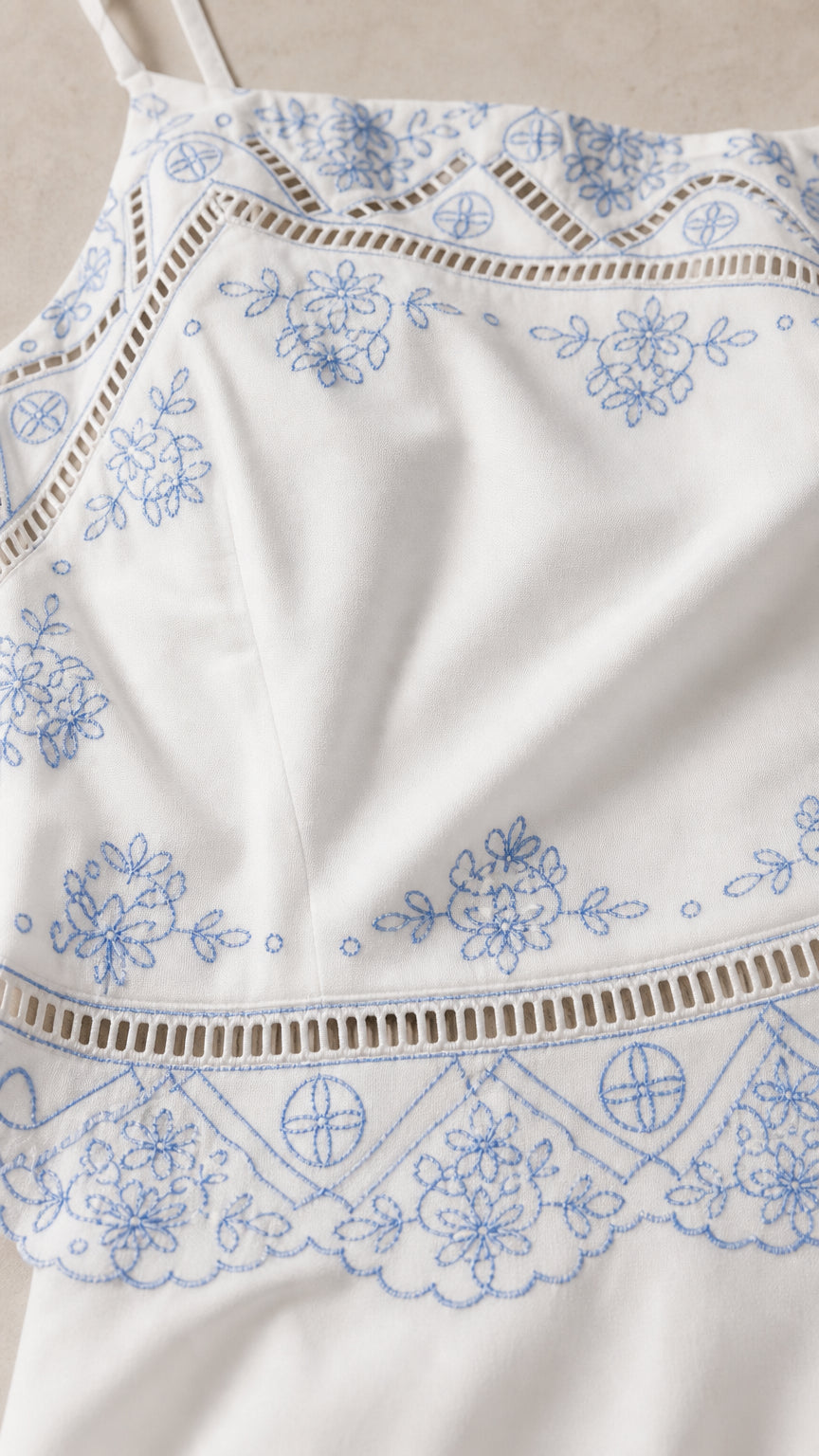 Close-up of floral embroidery and cutout trim details