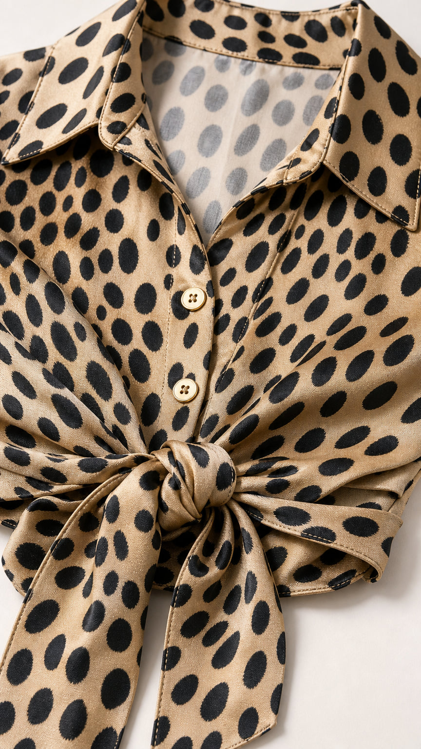 Close-up detail of shirt collar, buttons, and tie-front knot