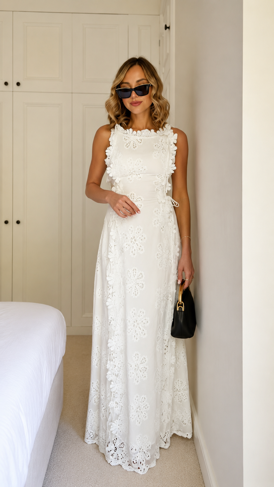 White sleeveless floral lace maxi dress full front view