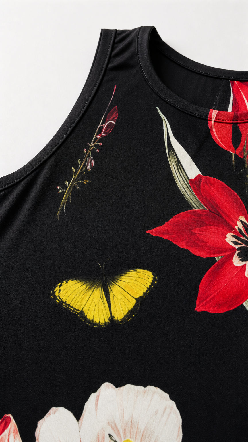 Close-up detail of the black fabric featuring red flowers and yellow butterfly