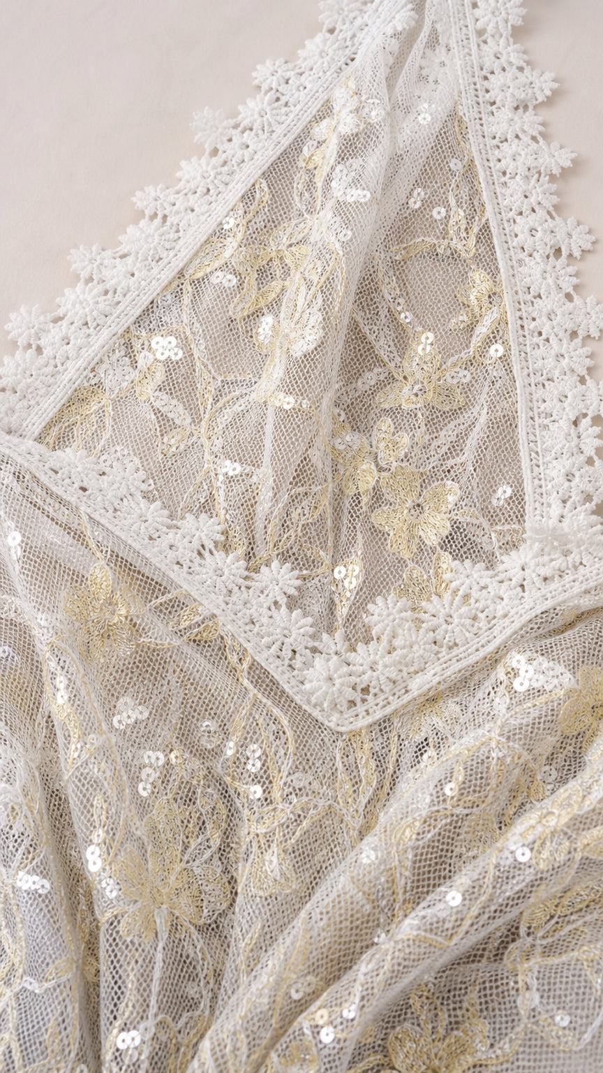 Close-up detail of lace trim and sequin embroidery