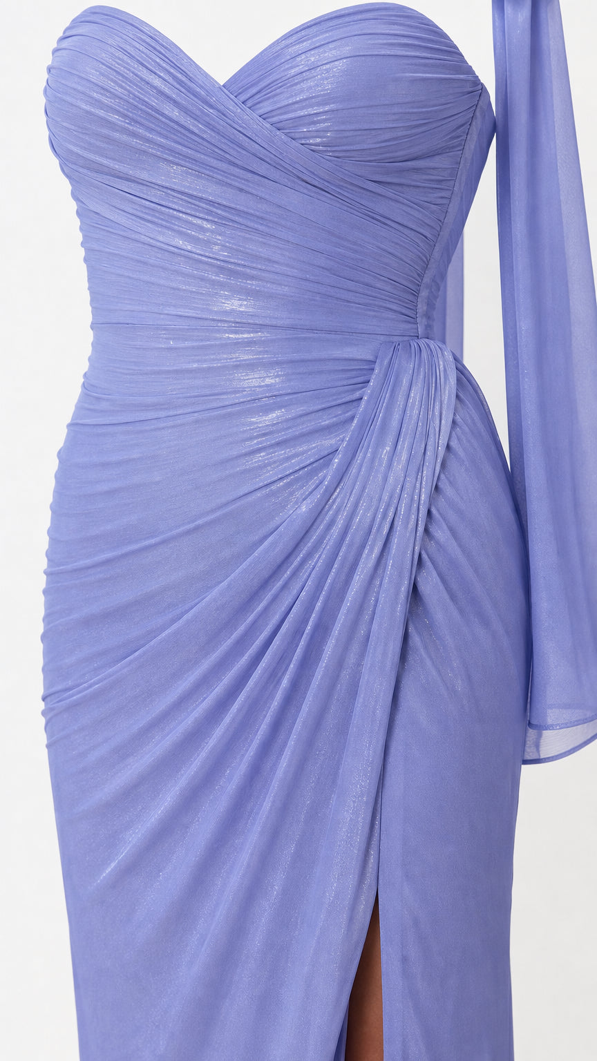 Close-up of the lavender ruched sweetheart bodice and waist detail