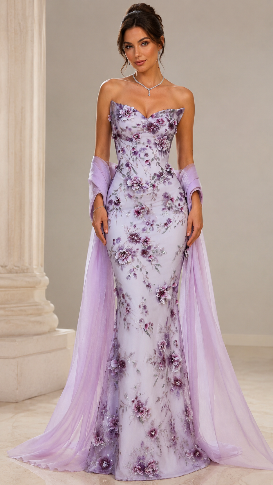 Front view of lilac floral mermaid evening dress with strapless neckline