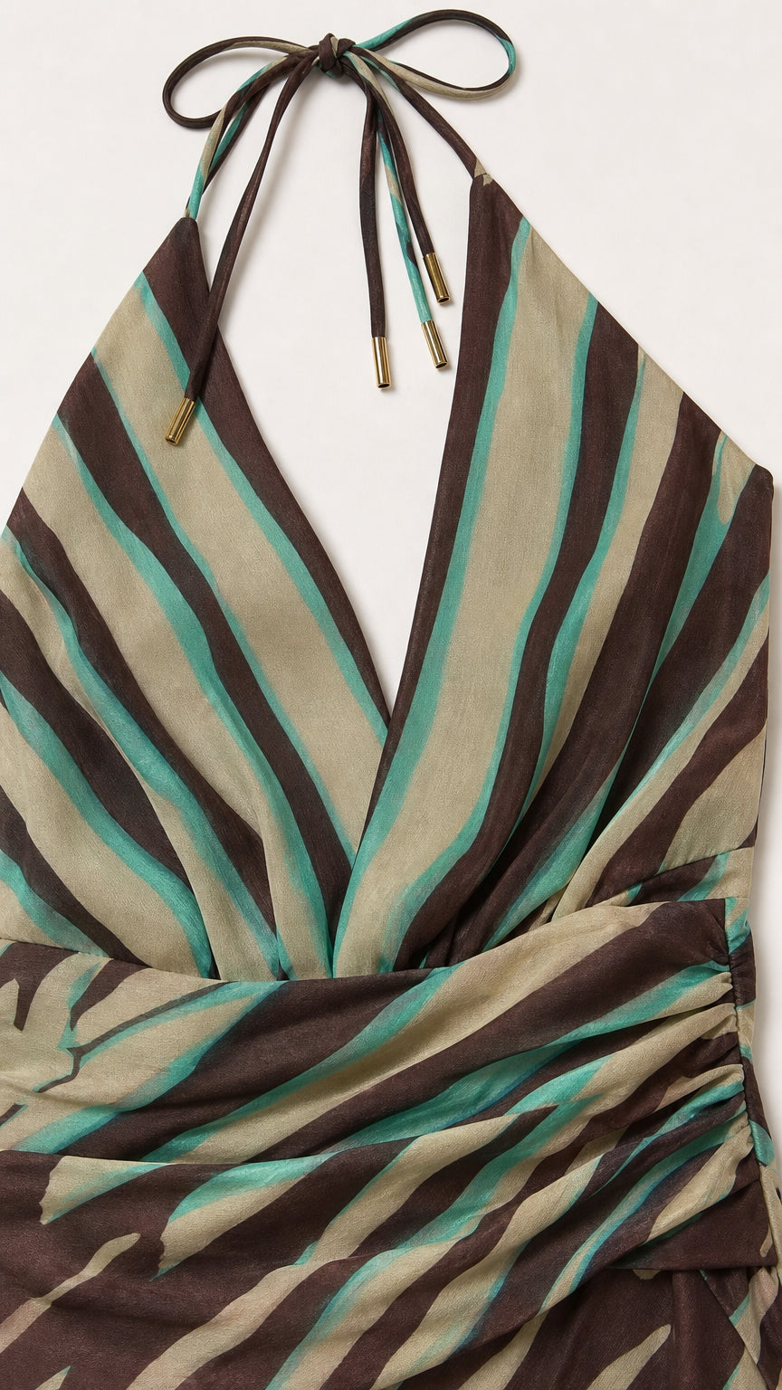 Close-up of halter neck ties and striped fabric pattern