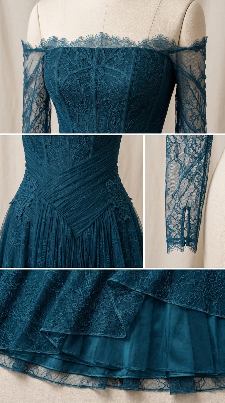 Close-up details of bodice, waist paneling, sleeves, and hem of lace gown