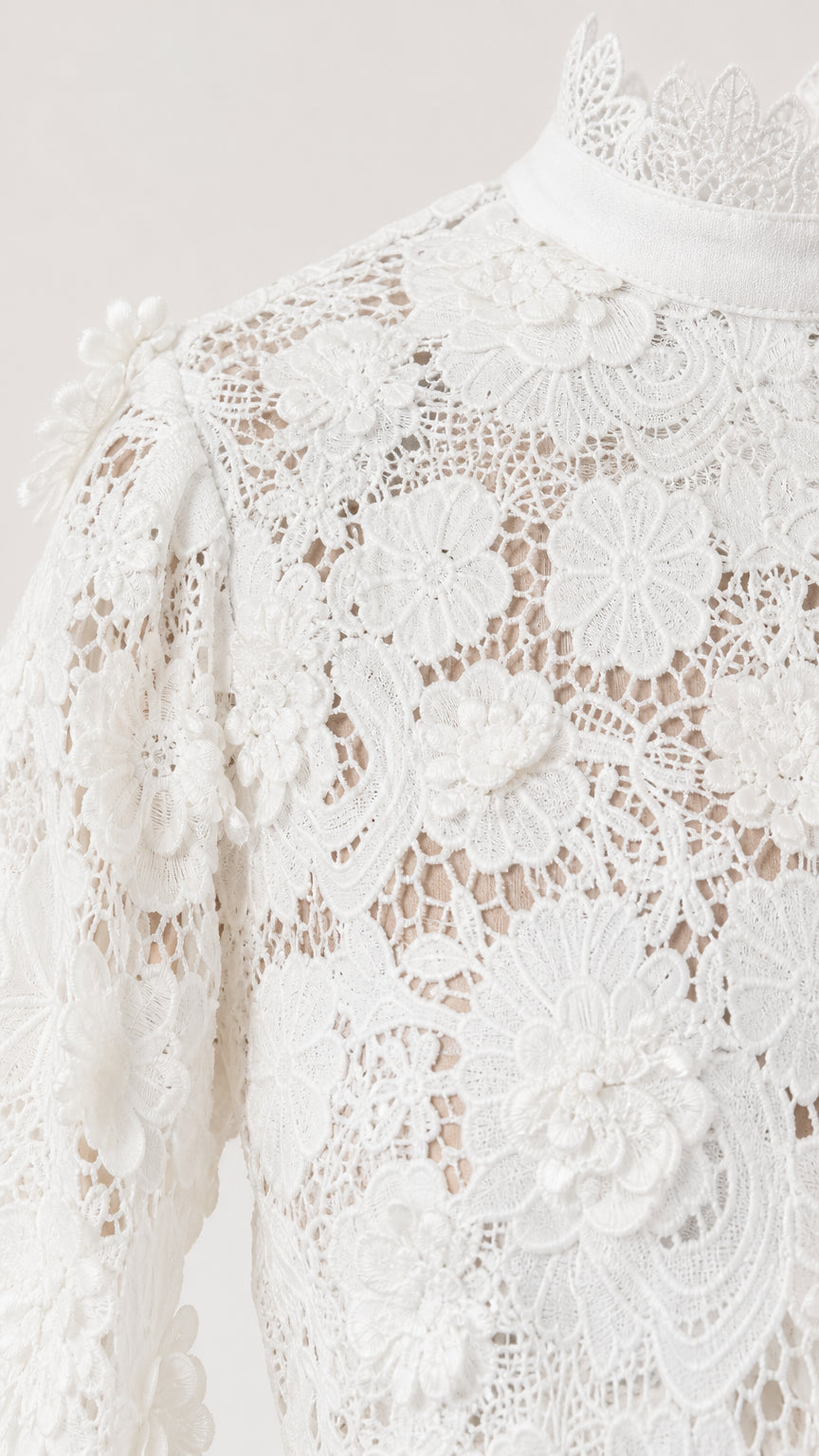 Close-up detail of white floral lace texture and high neckline