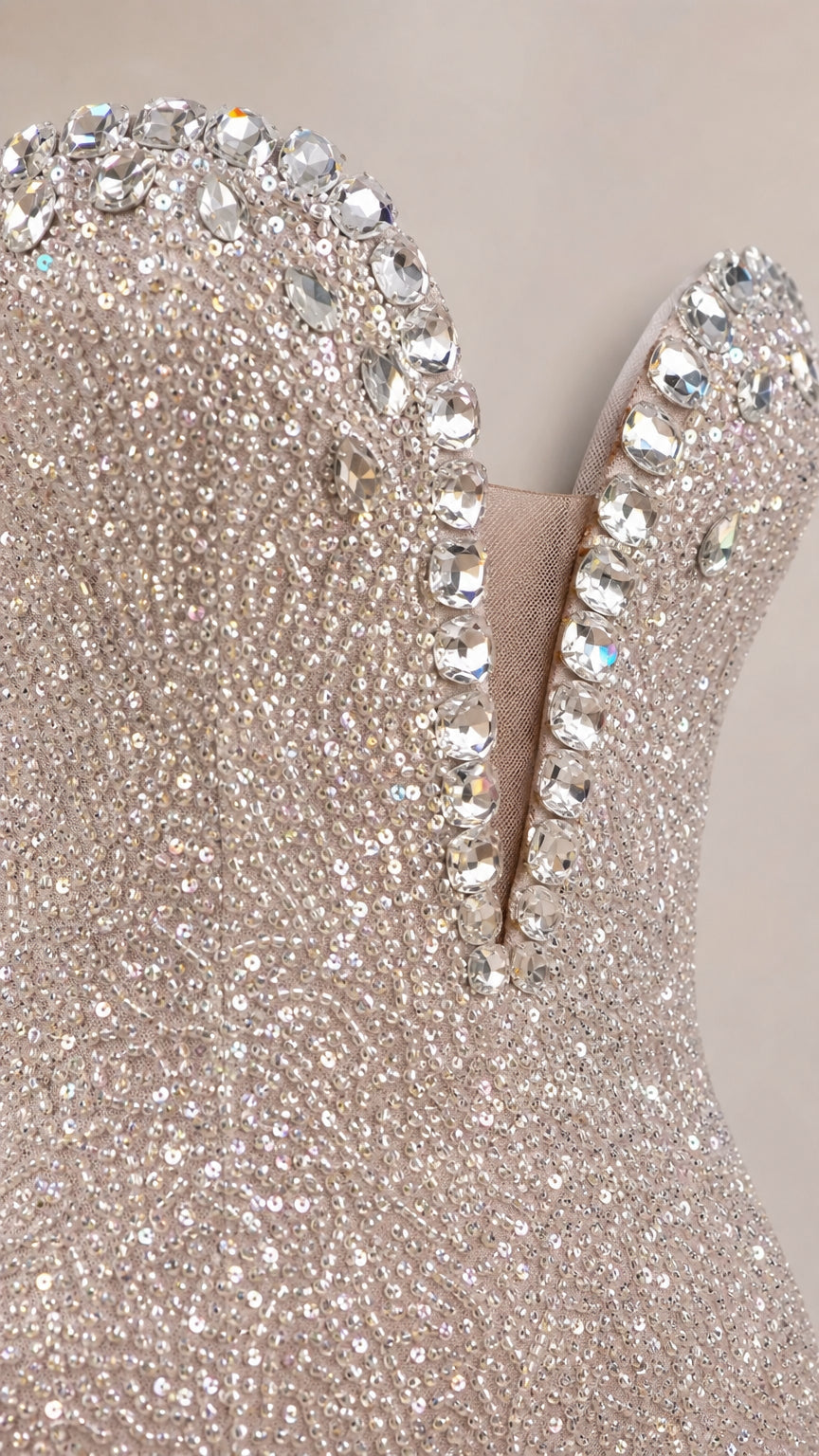 Close-up of crystal embellished plunging neckline