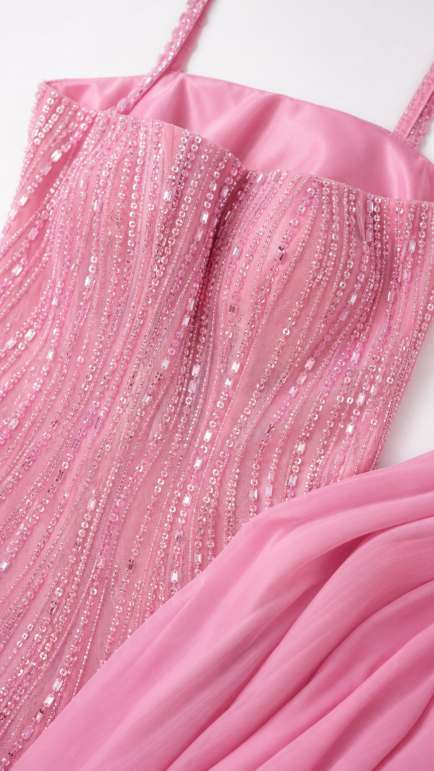 Close-up detail of the bodice embellishments and straps