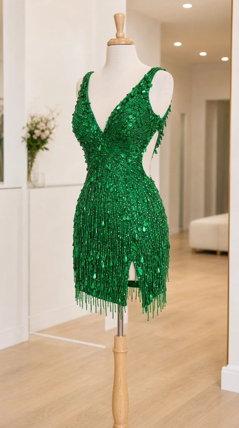 Green sequin fringe mini dress displayed on a mannequin