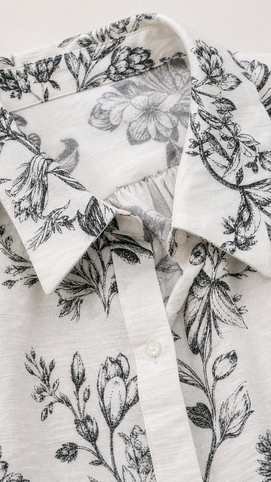 Close-up detail of the collar and floral fabric pattern