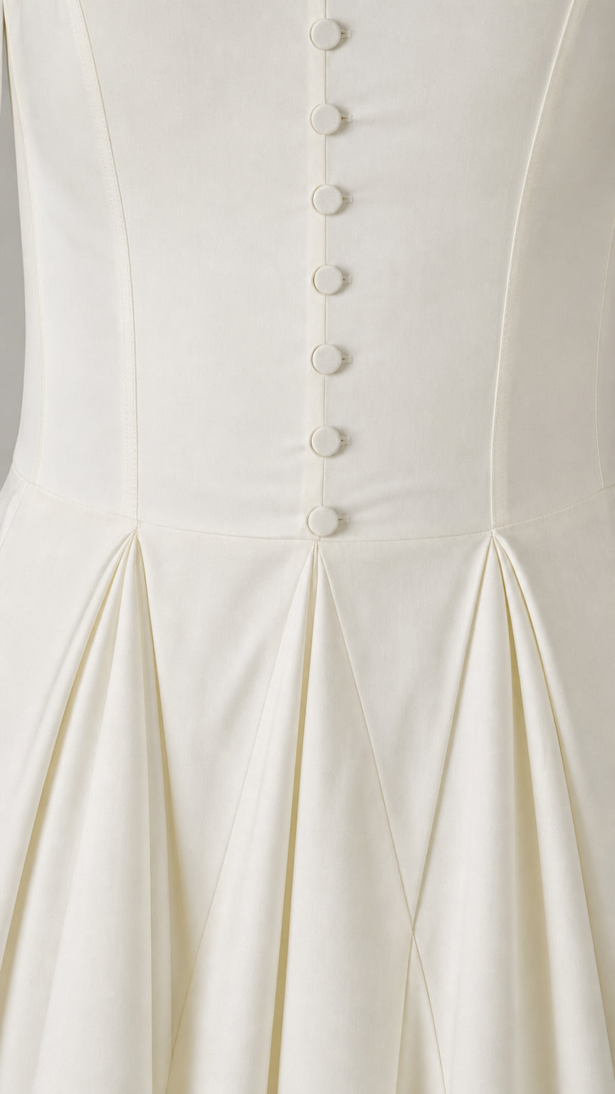 Close-up detail of front buttons and pleated waist on white dress