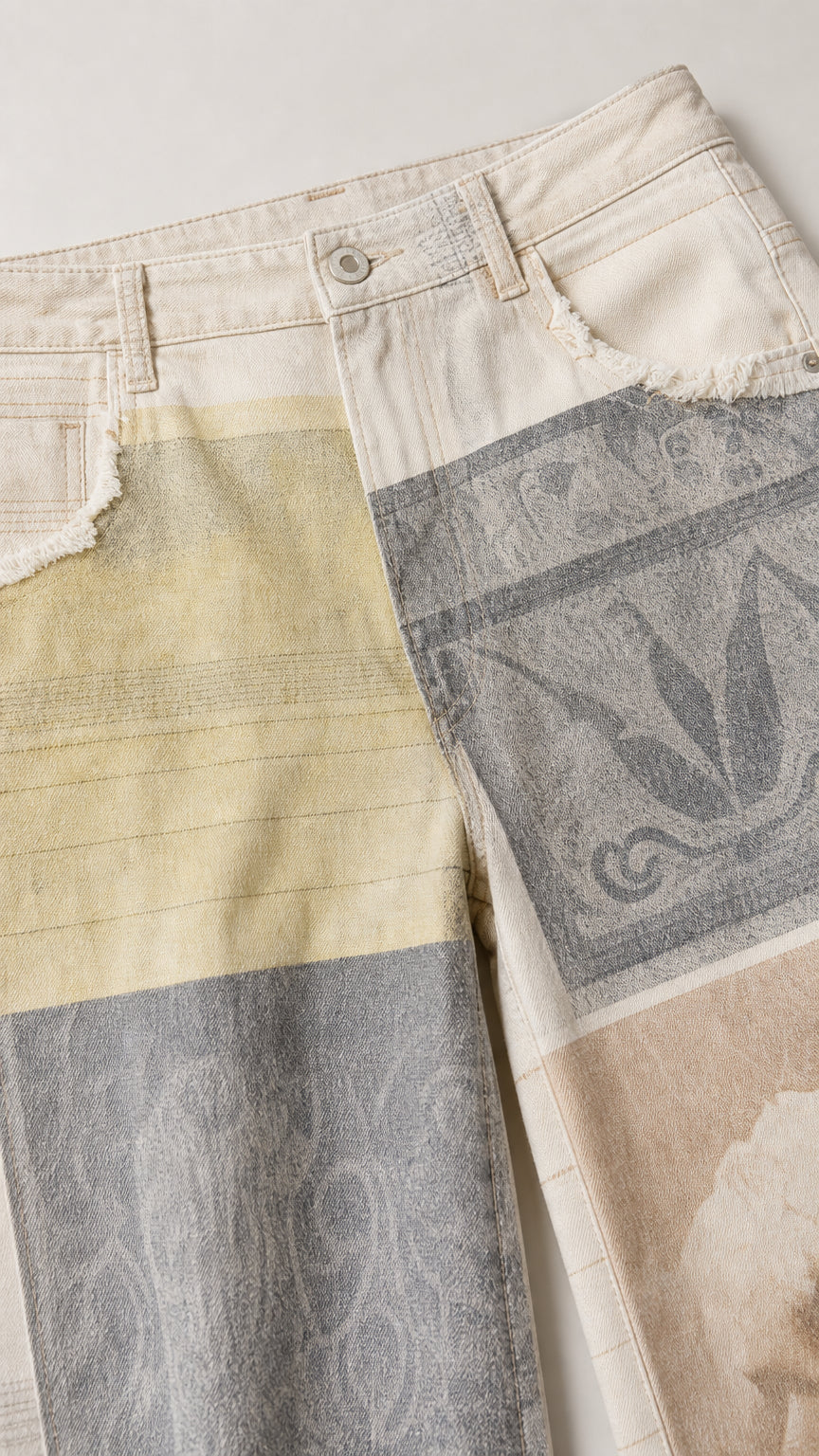 Close-up detail of patchwork fabric and distressed waistband