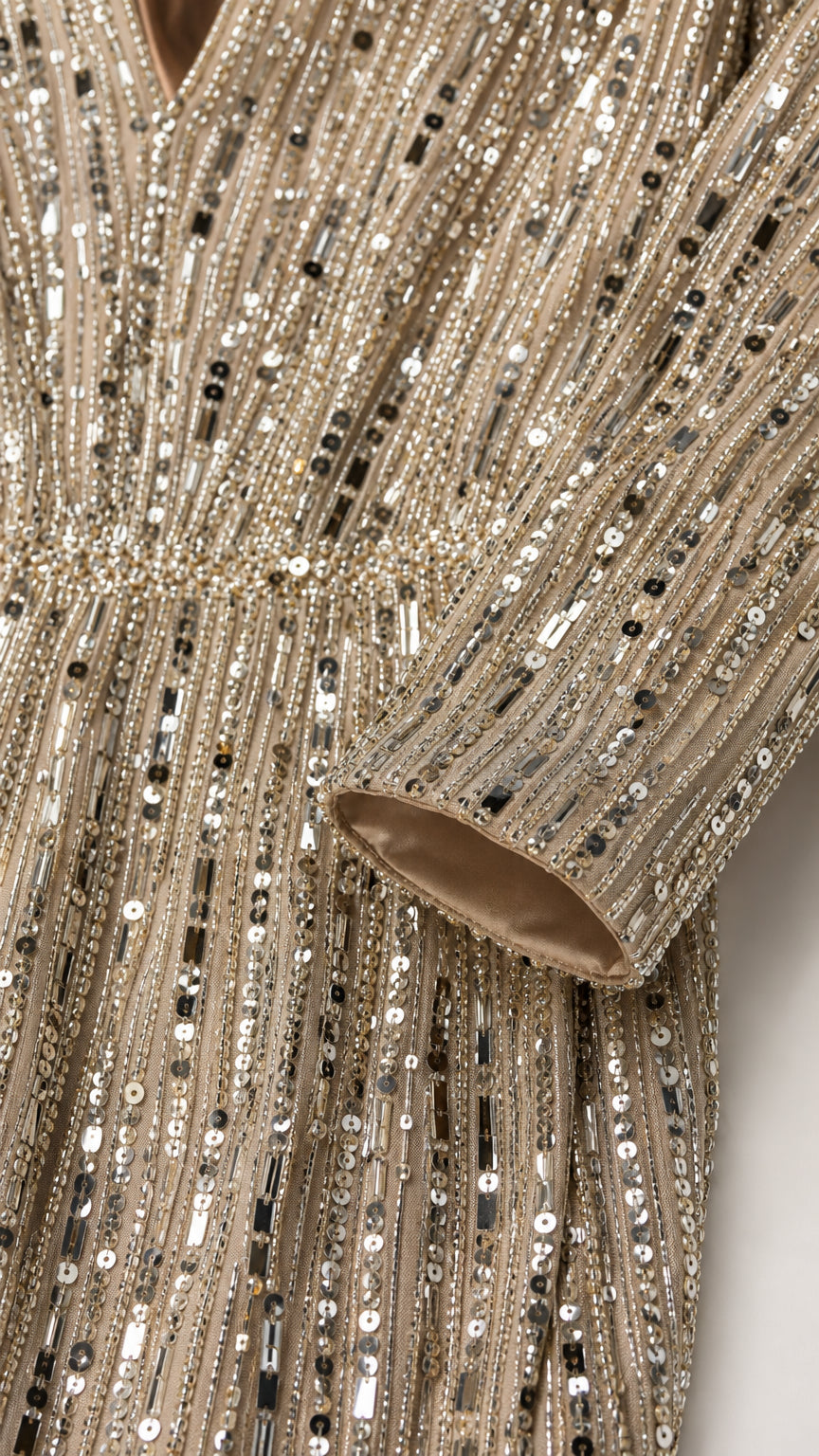 Close-up detail of sequin and bead embellishments on sleeve and bodice