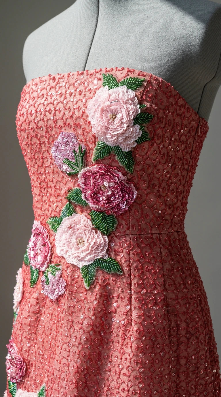 Close-up detail of floral appliques and beadwork