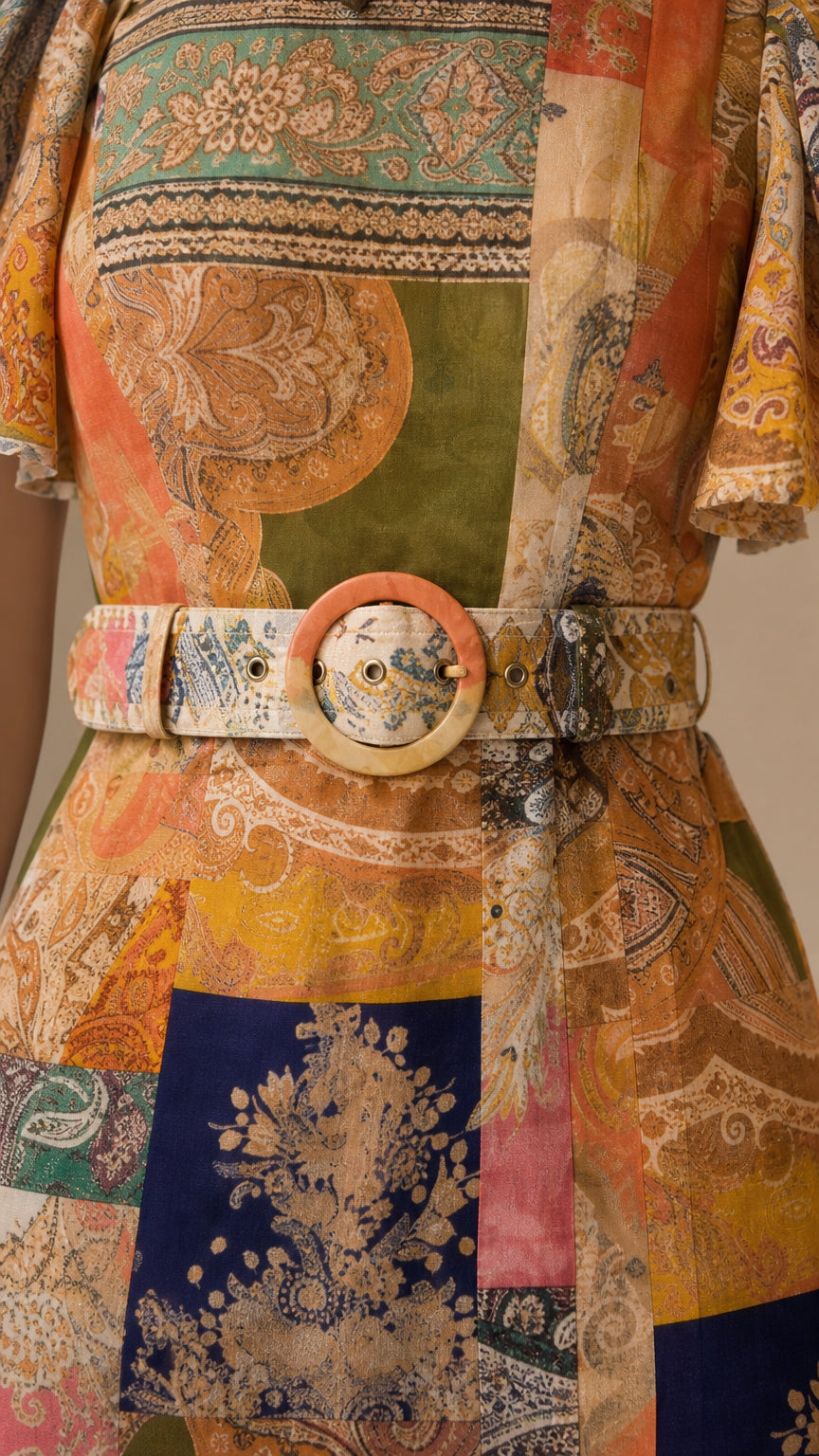 Close-up of fabric print and belted waist detail