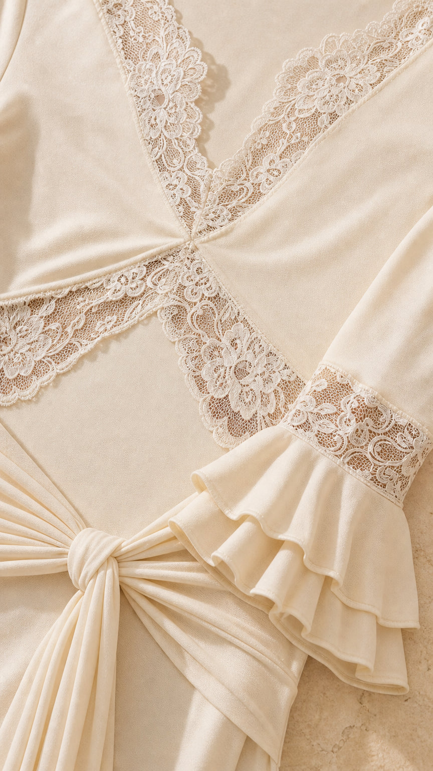 Close-up of lace neckline and ruffled bell cuffs on ivory dress