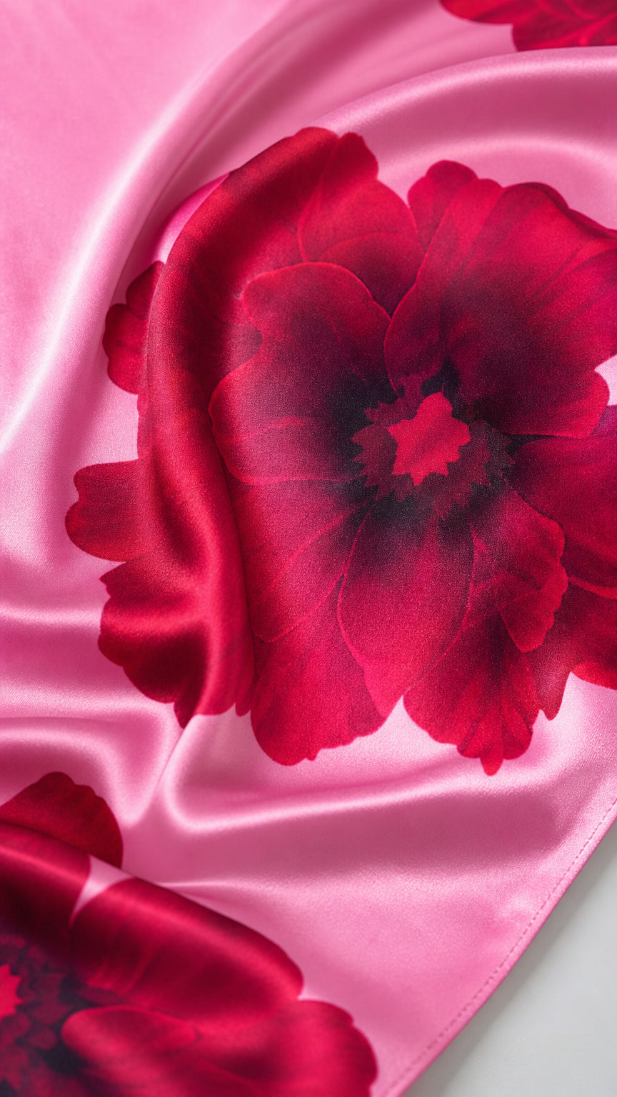 Close up of satin fabric texture and floral pattern