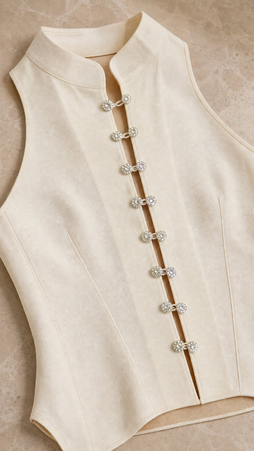 Close-up detail of crystal buttons on ivory halter top collar