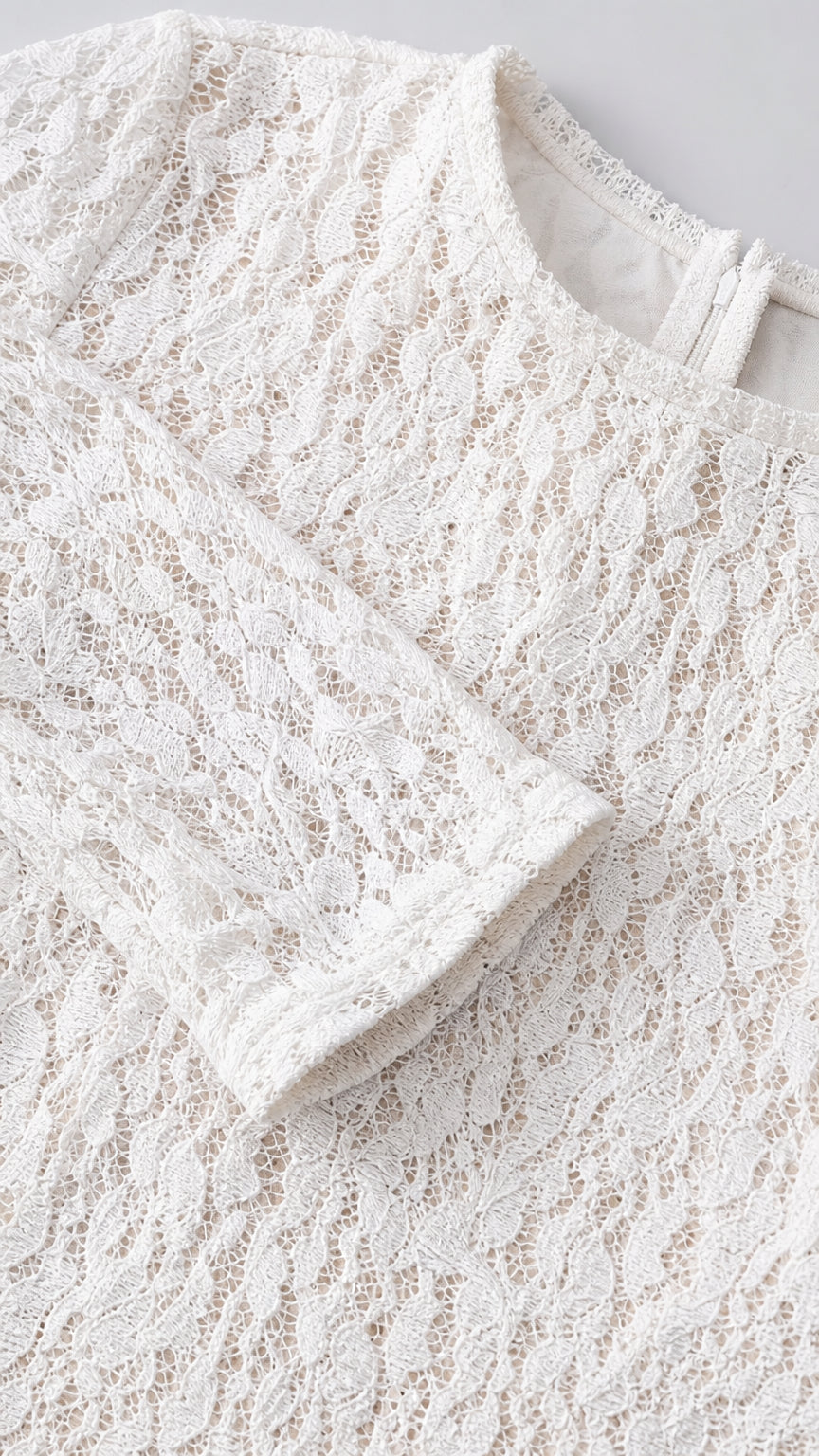 Close-up detail of textured white floral lace fabric and collar