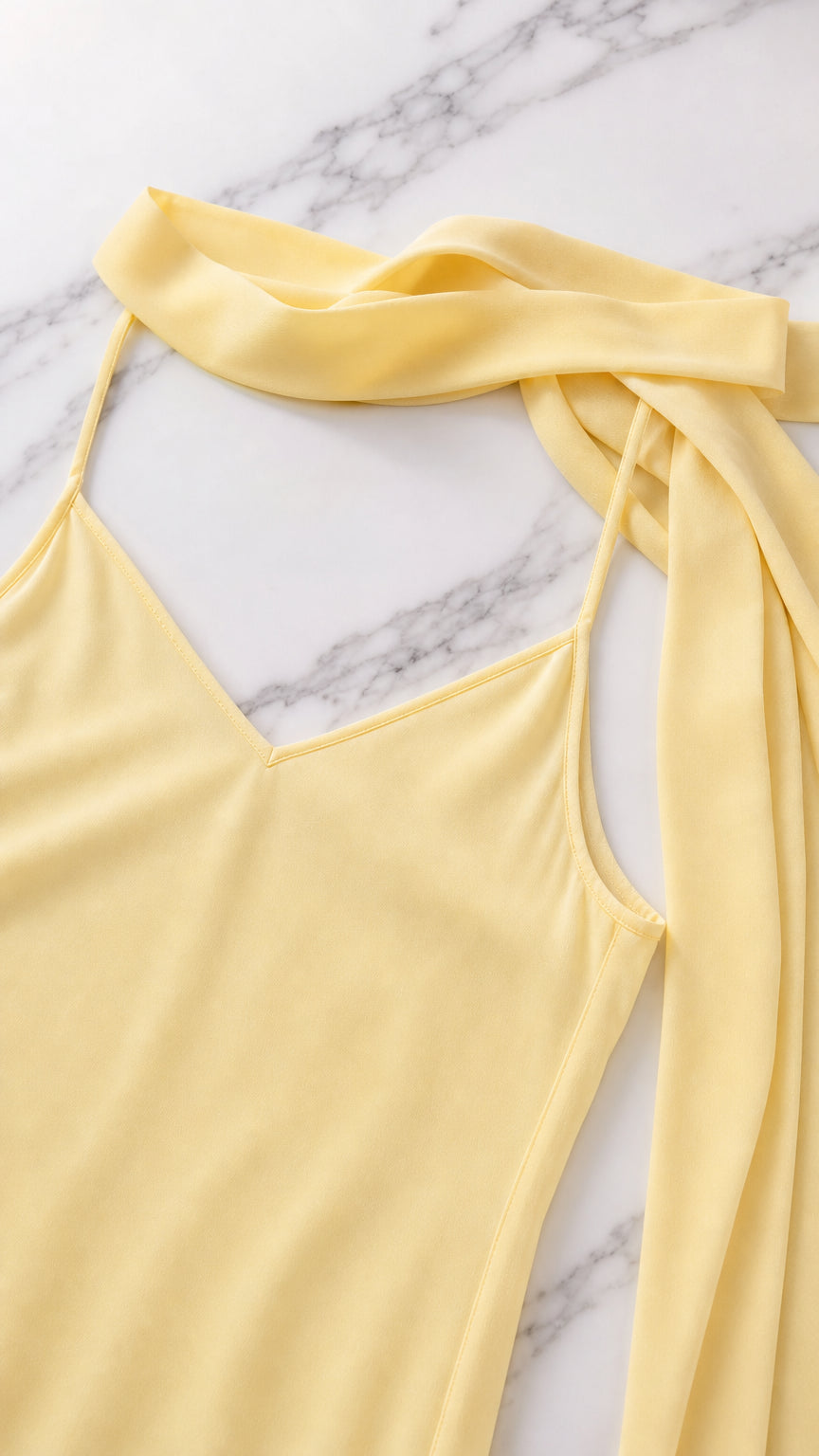 Close up of neckline and scarf on yellow dress