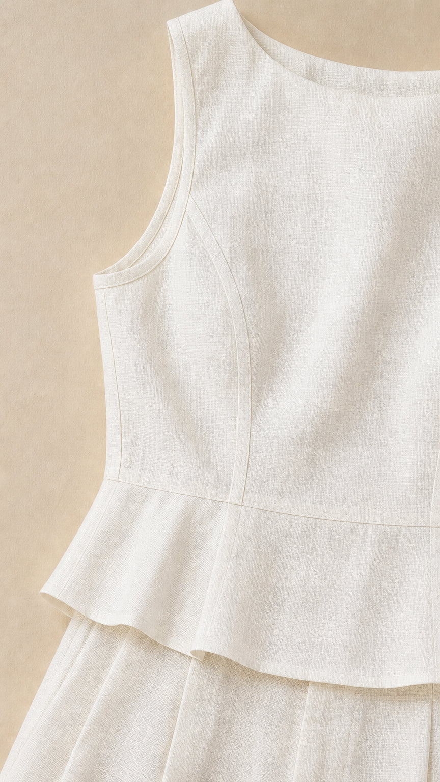 Close-up detail of white sleeveless peplum top texture and seams