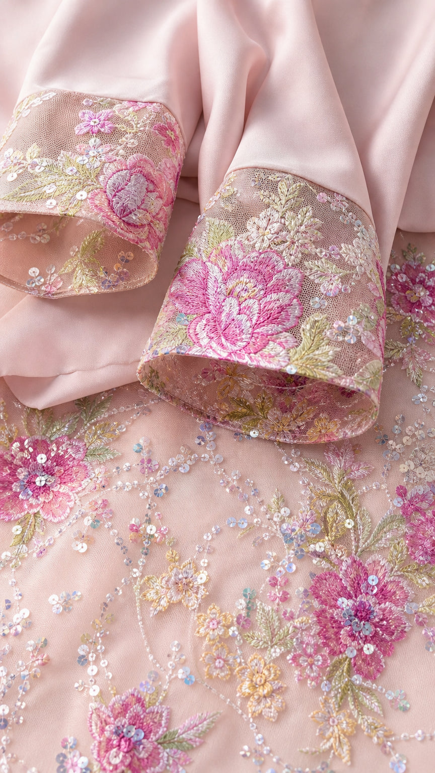 Close-up detail of pink sleeve cuff with colorful floral embroidery and sequins