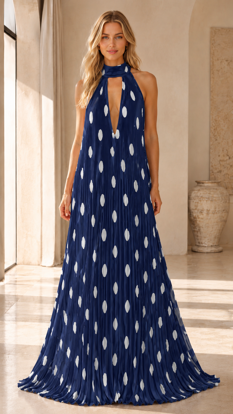 Royal blue pleated halter maxi dress with deep V neckline and white dot pattern front view