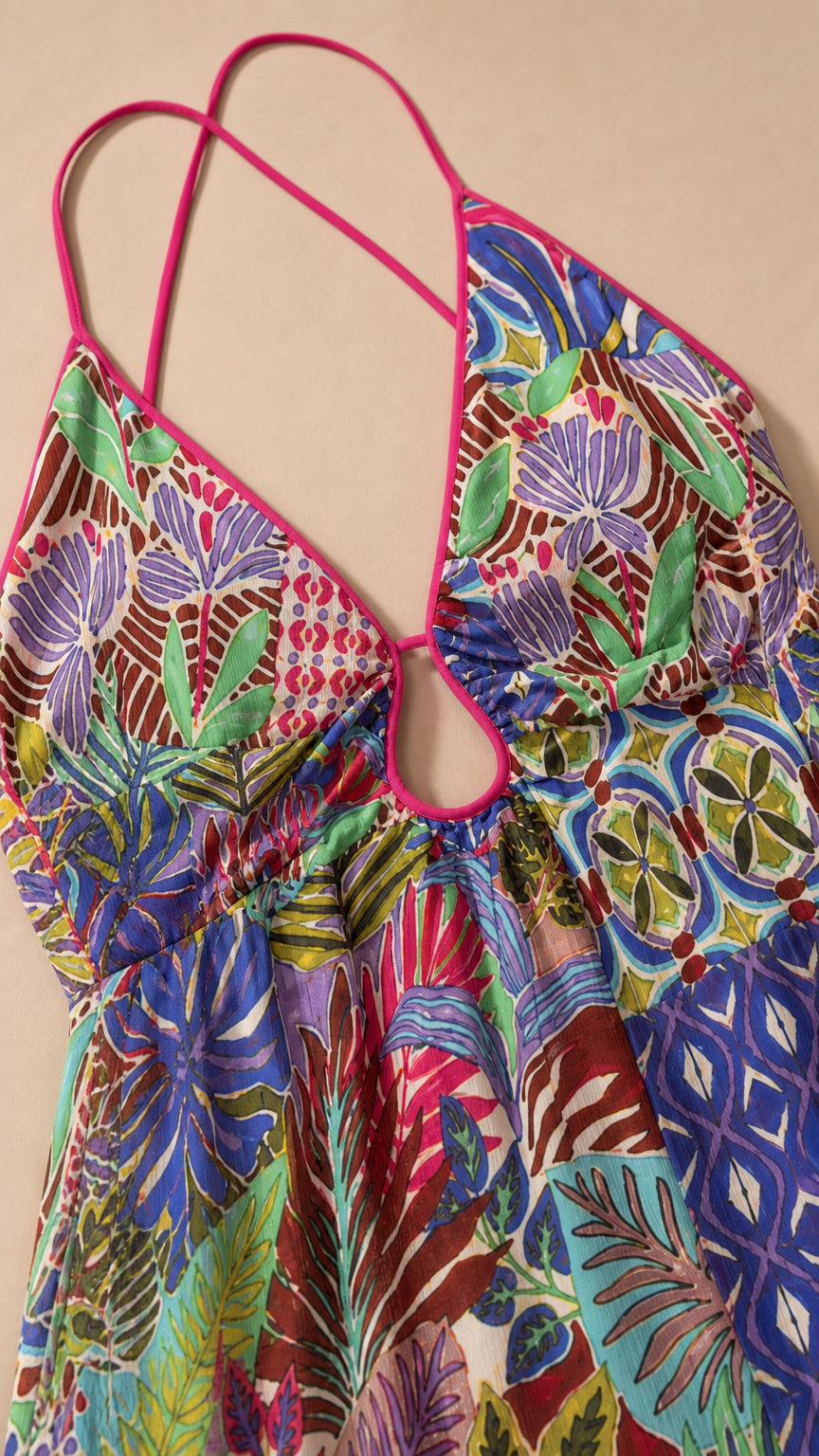 Close-up of bodice, V-neck, and cutout detail