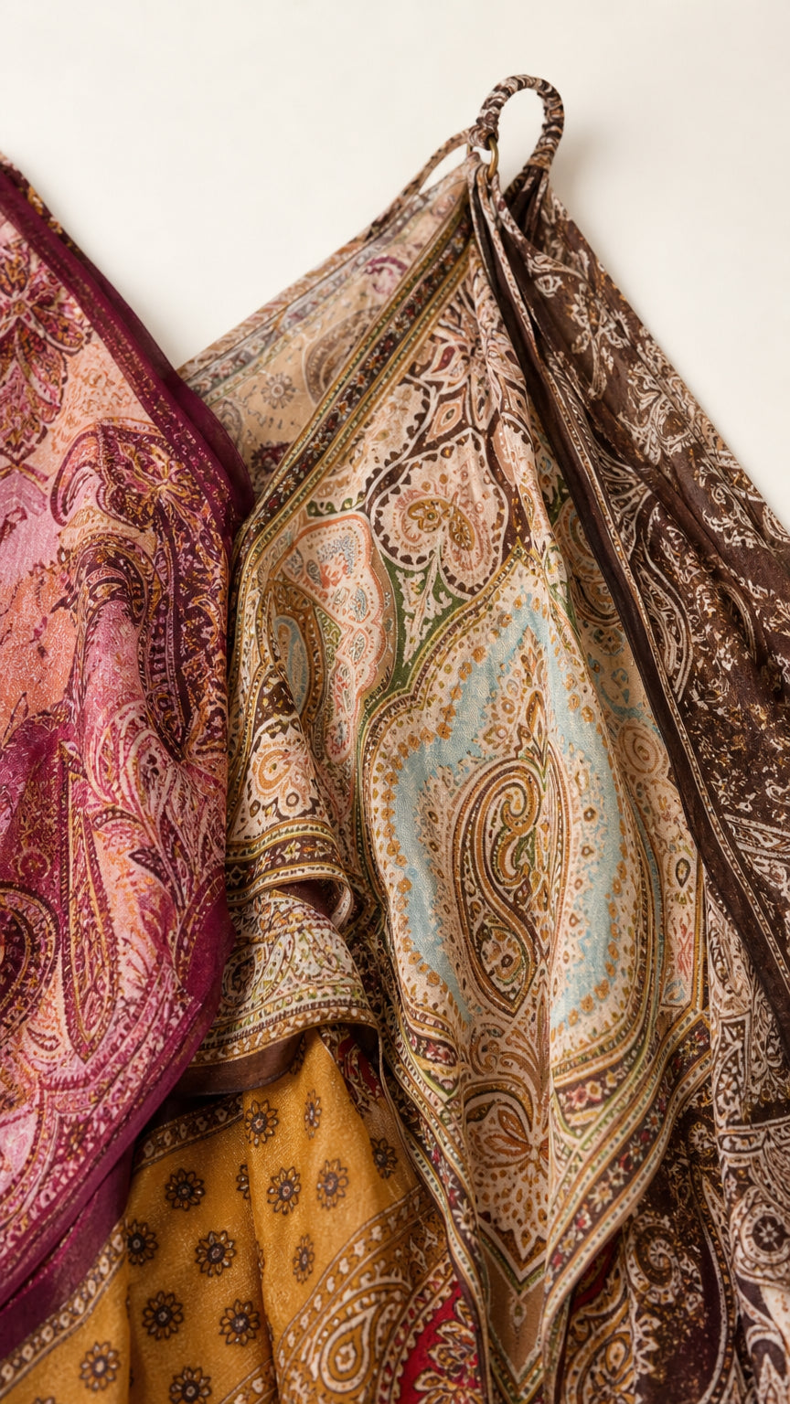 Close-up of intricate paisley and geometric scarf print fabric