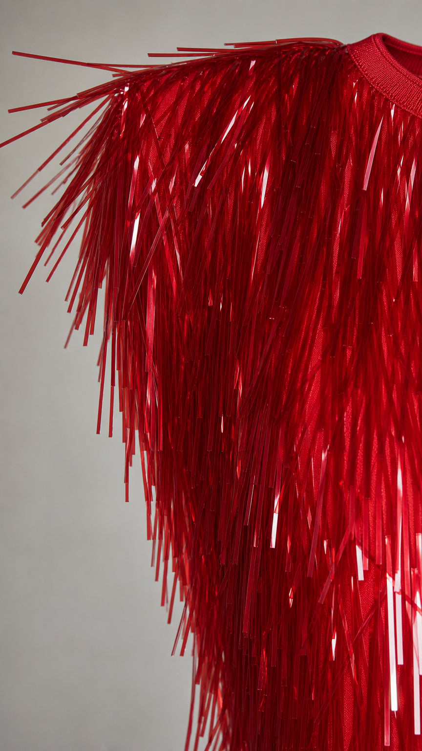 Close-up detail of red fringe shoulder construction