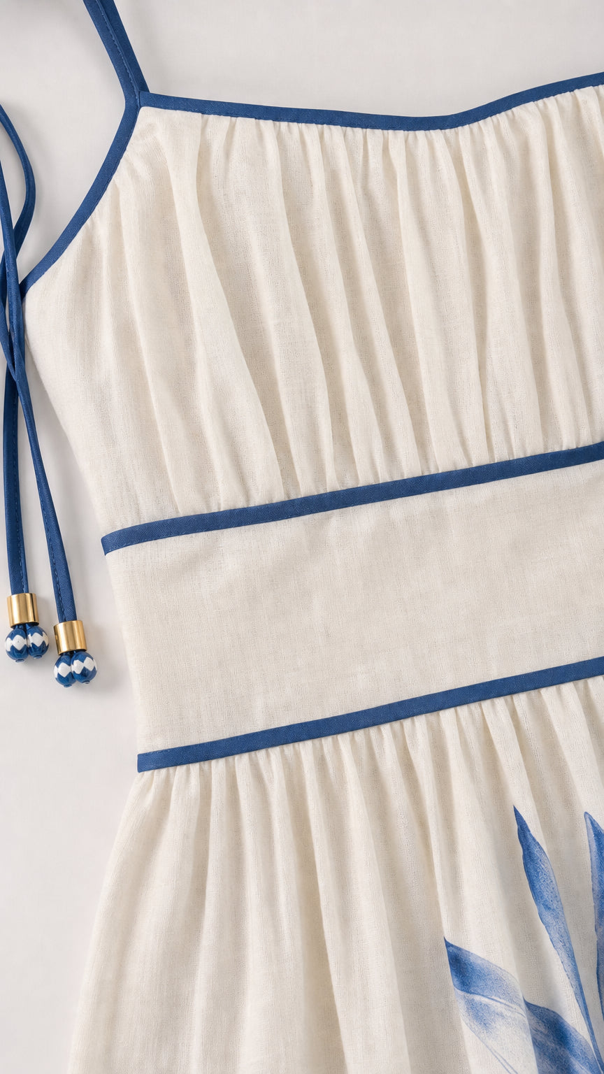 Close up of bodice gathering and contrast piping detail