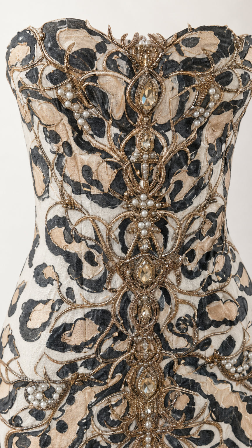 Close-up detail of the intricate beadwork and embroidery on the bodice