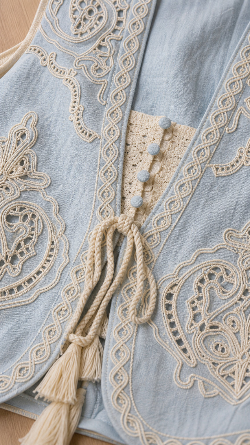 Close-up detail of vest embroidery, buttons, and tassel ties