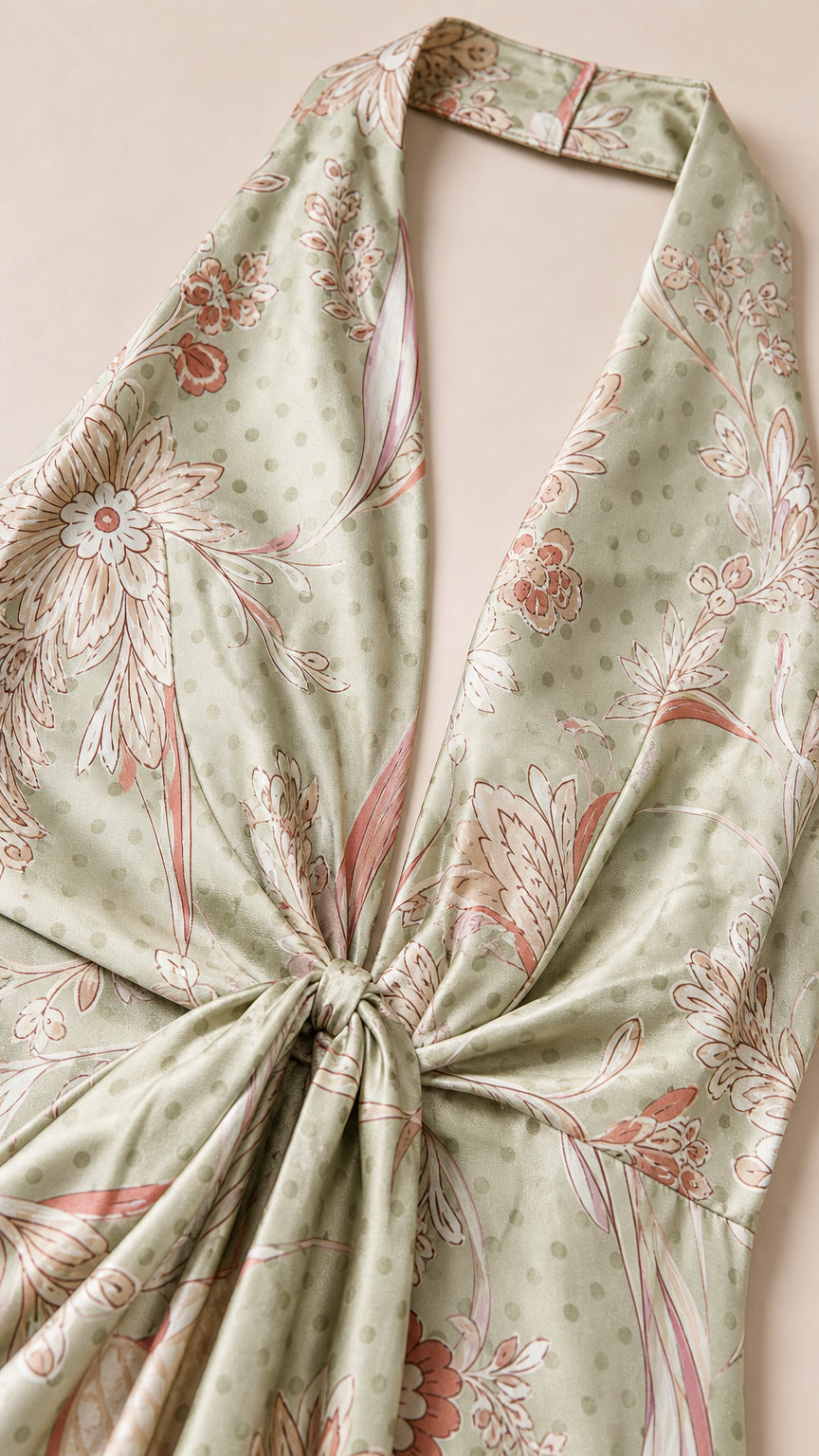 Close-up of halter neckline and front knot detail