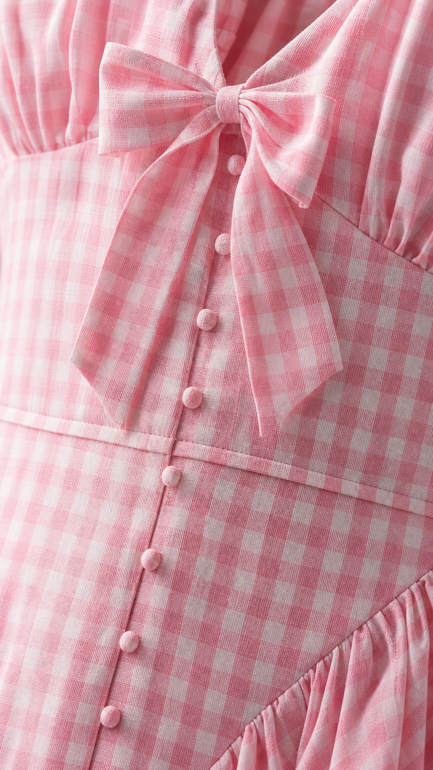 Close up of pink gingham dress bodice with bow and buttons