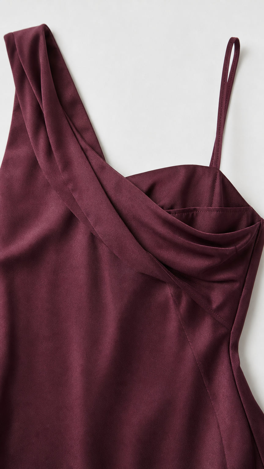 Close-up detail of one-shoulder strap and draped cowl neckline