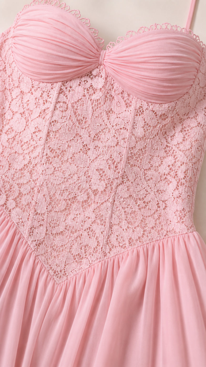 Close-up of pink lace corset bodice and sweetheart neckline