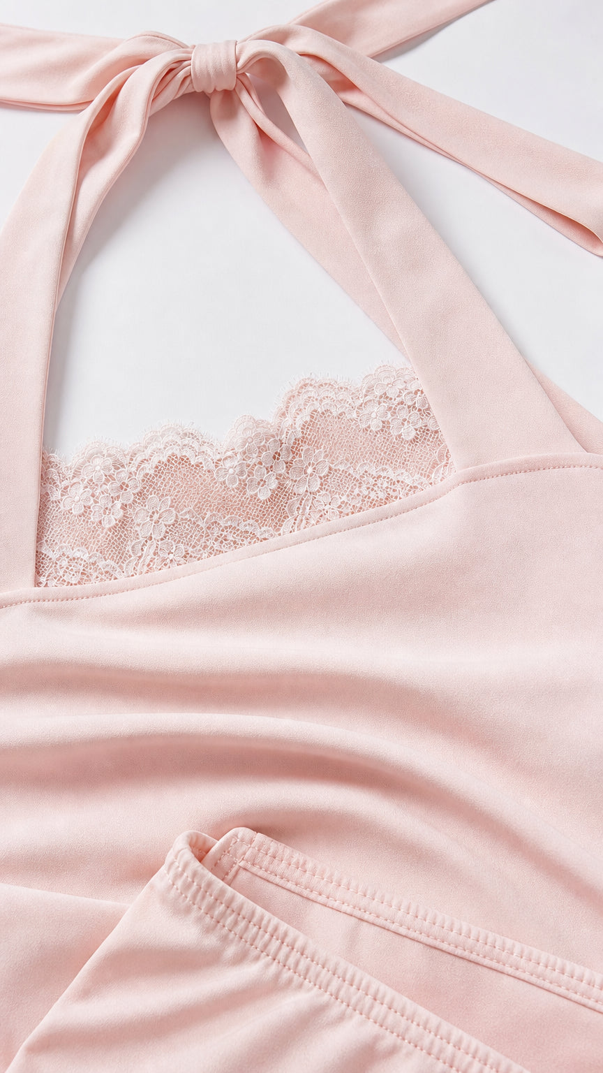 Close-up detail of the pink halter neckline and lace trim