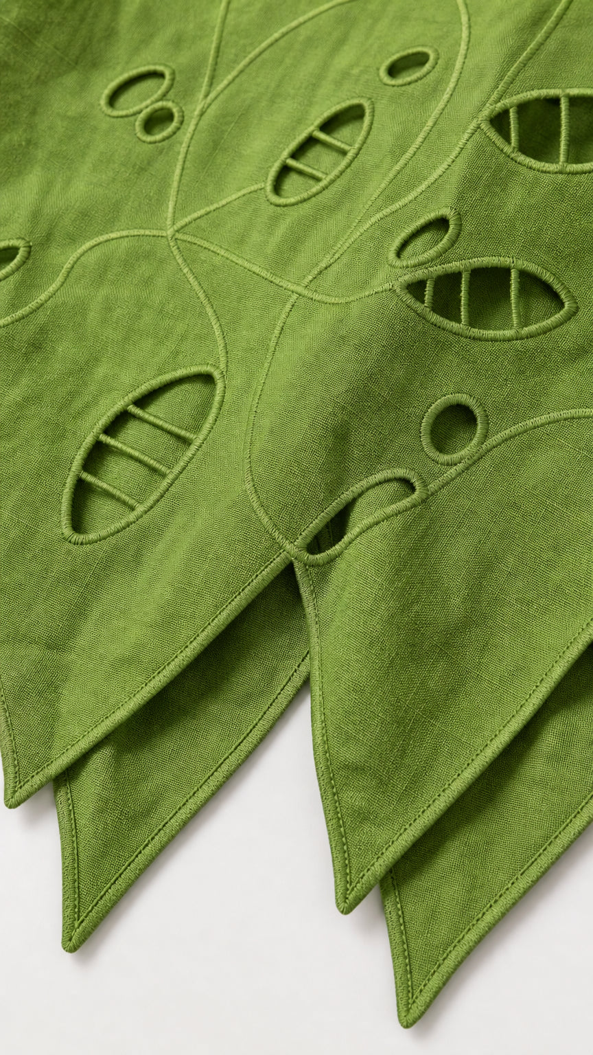 Close-up detail of fabric cutout pattern and hem