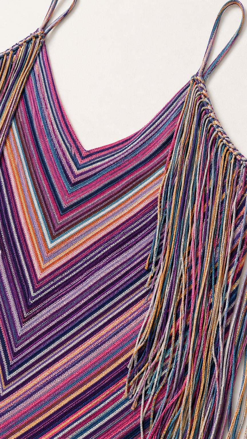 Close up of V-neckline and multi-color fringe trim