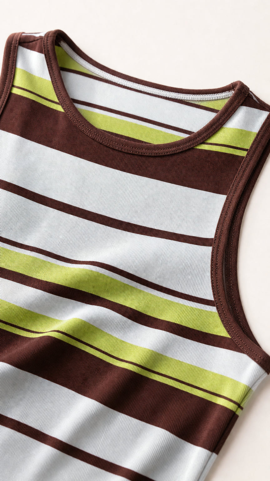 Close-up detail of neckline and stripe pattern