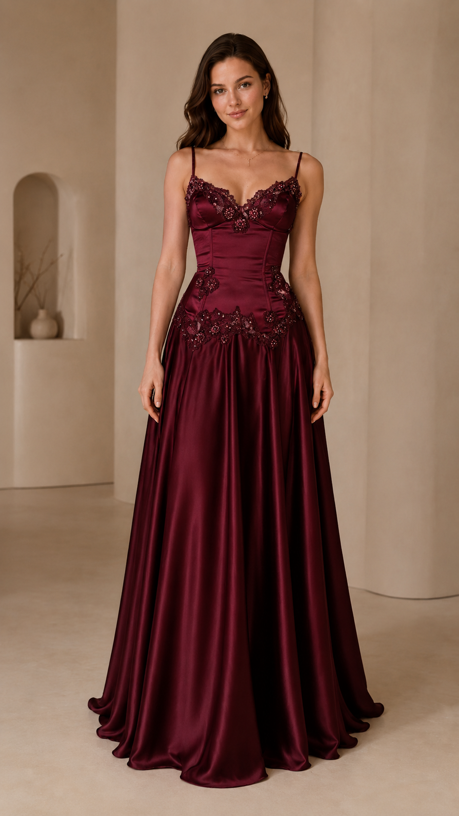 Burgundy embroidered satin-look spaghetti strap maxi evening dress front view