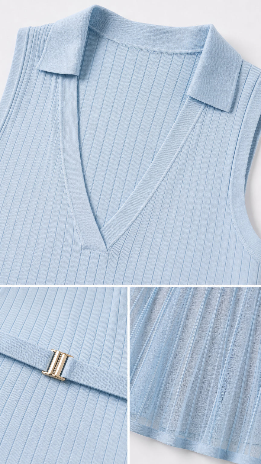 Close-up detail of polo V-neck collar, belt buckle, and pleated fabric in Light Blue