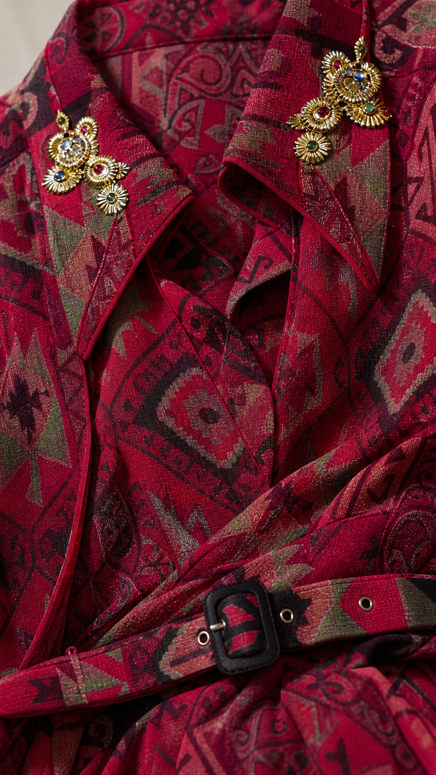 Close-up detail of lapel collar with brooches and buckled waist belt